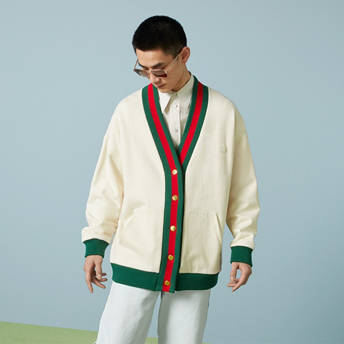 gucci classic web stripe trim v‑neck oversized knit cardigan